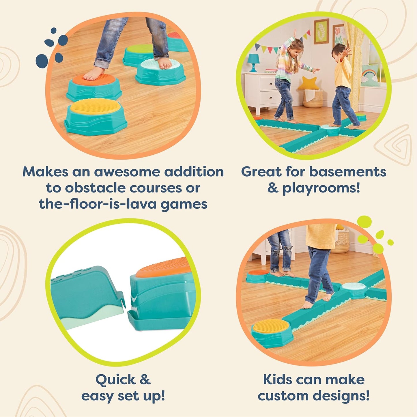 B. toys – Balance Beam for Kids – Interlocking Balancing Beams – 5 Sensory Pads & 8 Beams – Active Play for Toddlers, Kids – 3+ Years– Balance & Build Set